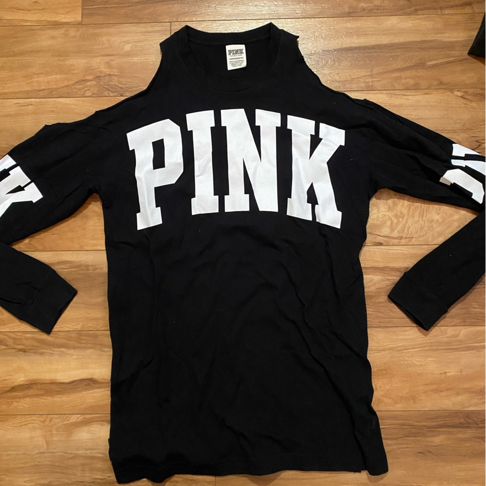 VS PINK Open Shoulder Black Logo Long Sleeve Top